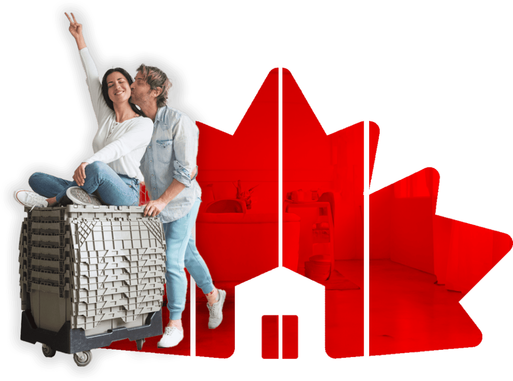 Happy couple moving with storage boxes