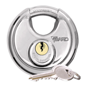 Stainless steel disc padlock with key.