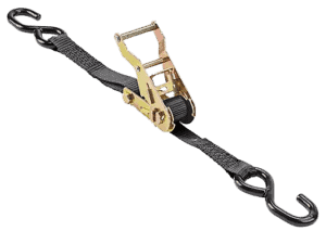 Adjustable ratchet strap with hooks for securing loads.