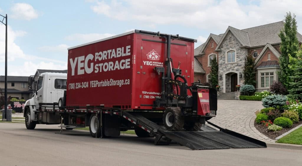 Red portable storage container delivered to suburban home